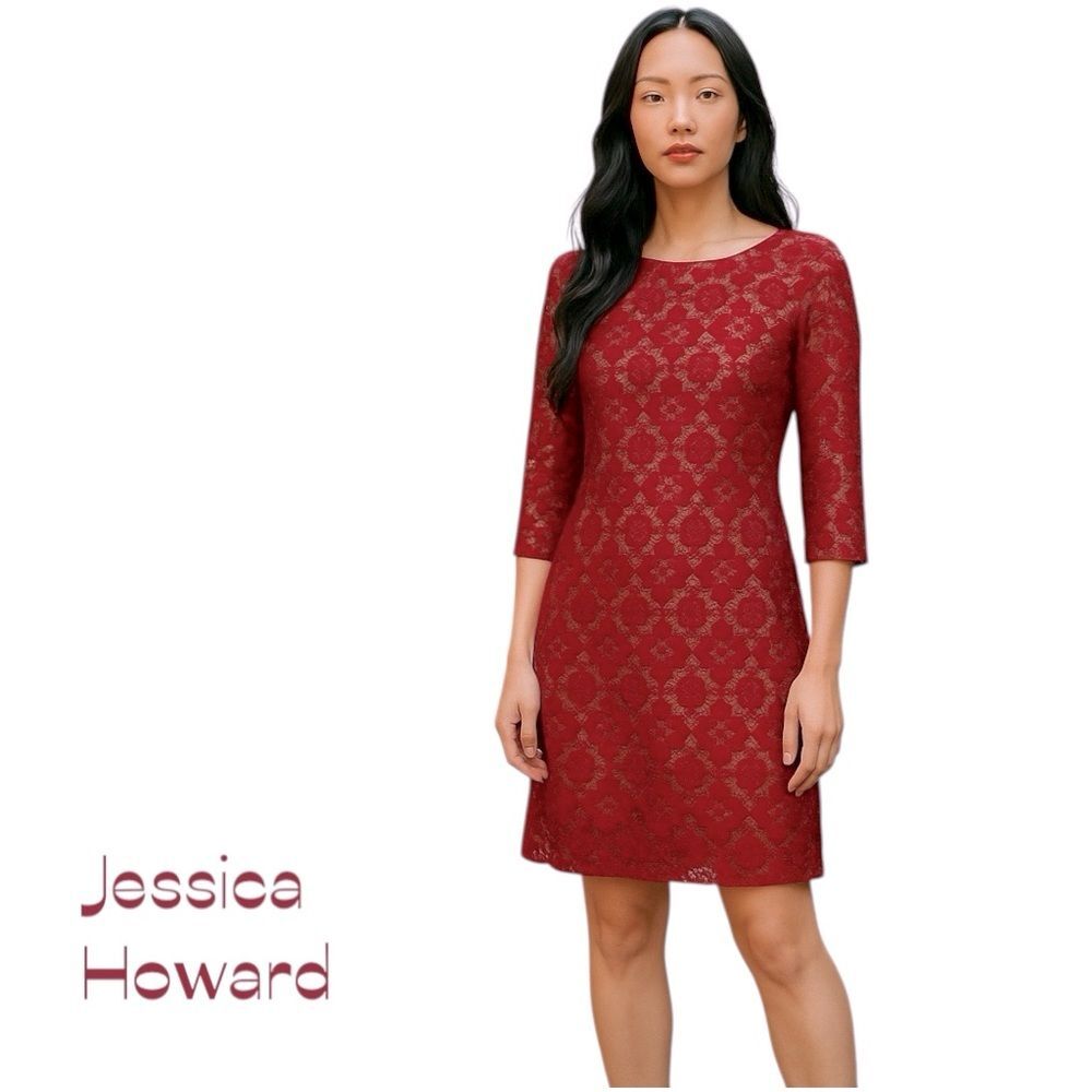 Jessica Howard Sheer Red Lace Dress NWOT Size 4P Romantic Feminine Holiday